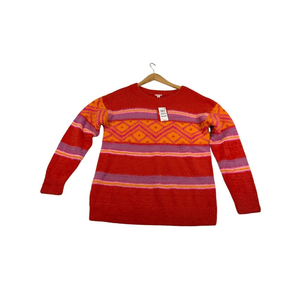 Holiday Lane Womens Fuzzy Eyelash Knit Fair Isle Sweater Bright Ruby Red Medium